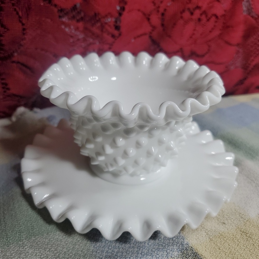 Vintage Fenton Milk Glass Hobnail‎ Mayonnaise Bowl and Underplate